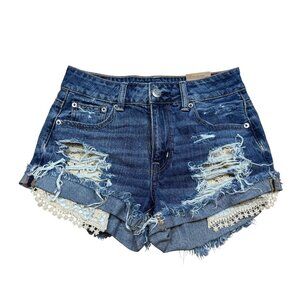 Y2K American Eagle High Rise Festival Dark Destroy Denim Shorts Size 0 NWT